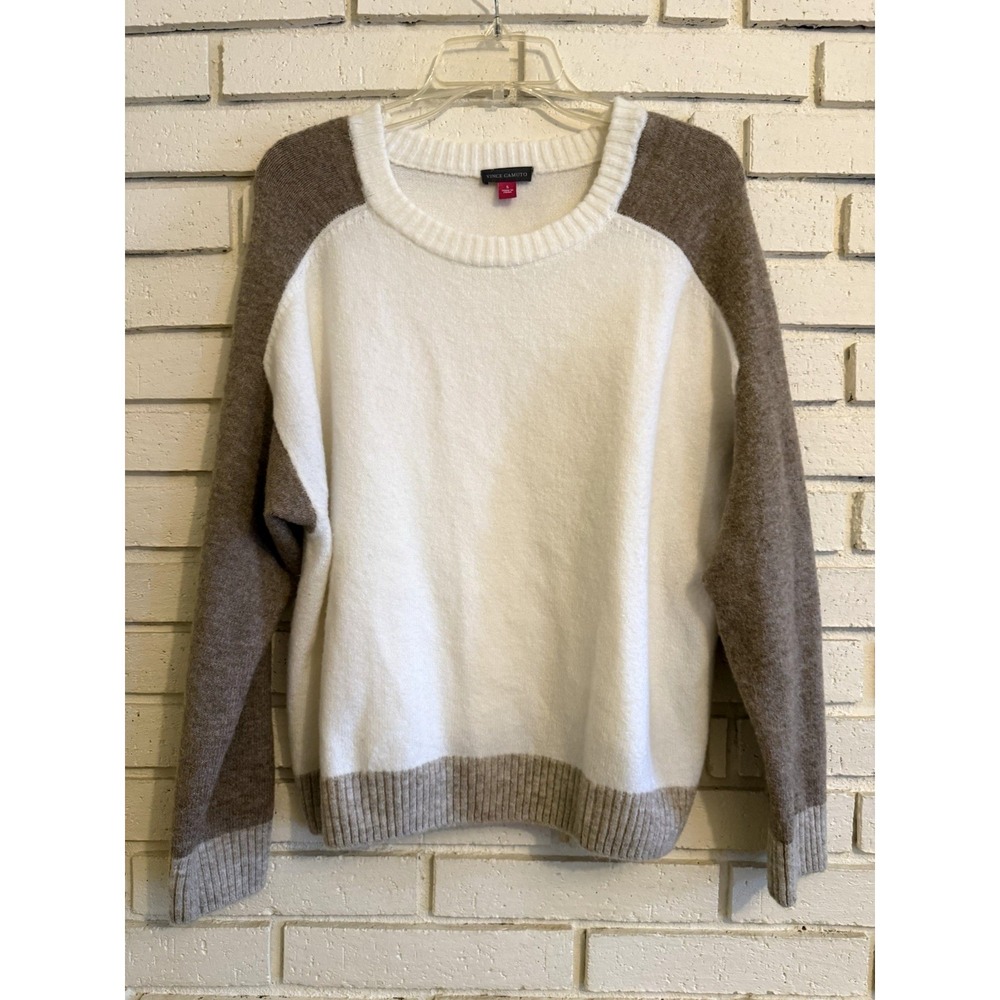 Vince Camuto Sweater White Tan Knit Oversized Pullover Soft Girl Retro Sz Small‎